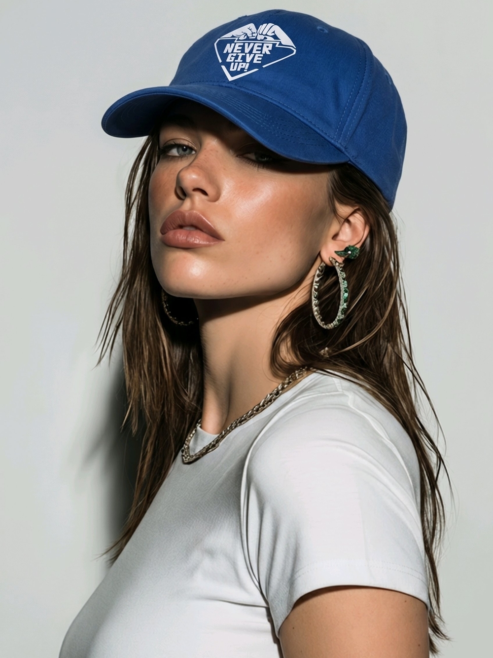 Unisex Blue Baseball Cap with White Logo - "Never Give Up"